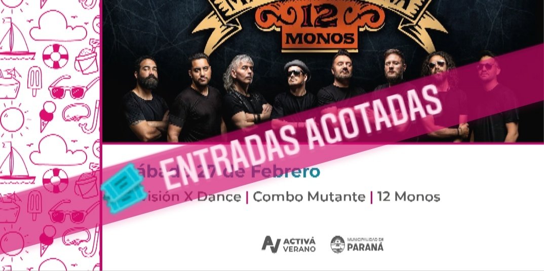 🎊 Música en el Anfiteatro
 
✨División X Dance Studio, 
✨<a href="/12monosoficial/">12 Monos</a>
✨ Combo Mutante

🗓️ 27 de febrero/20:00 hs

🎫 Entradas agotadas

😷 Asistir con tapabocas y mantener el distanciamiento social

#ActiváVerano2021