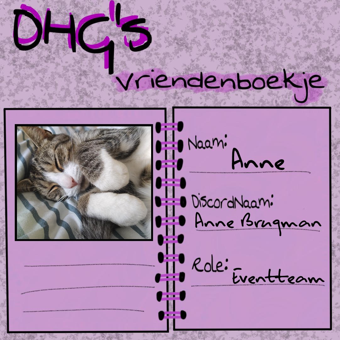 HaegensDiscord's tweet photo. DHG’s Vriendenboekje #24

Naam: Anne
Discordnaam: Anne Brugman
Leeftijd: 14 jaar
Hobby's: Zwemmen en badmintonnen
Role binnen de server: Event team
Sinds wanneer in de server: 23 oktober
Leukste moment in de server: Wanneer er veel mensen in algemeen zijn! https://t.co/XRgswJgdUr