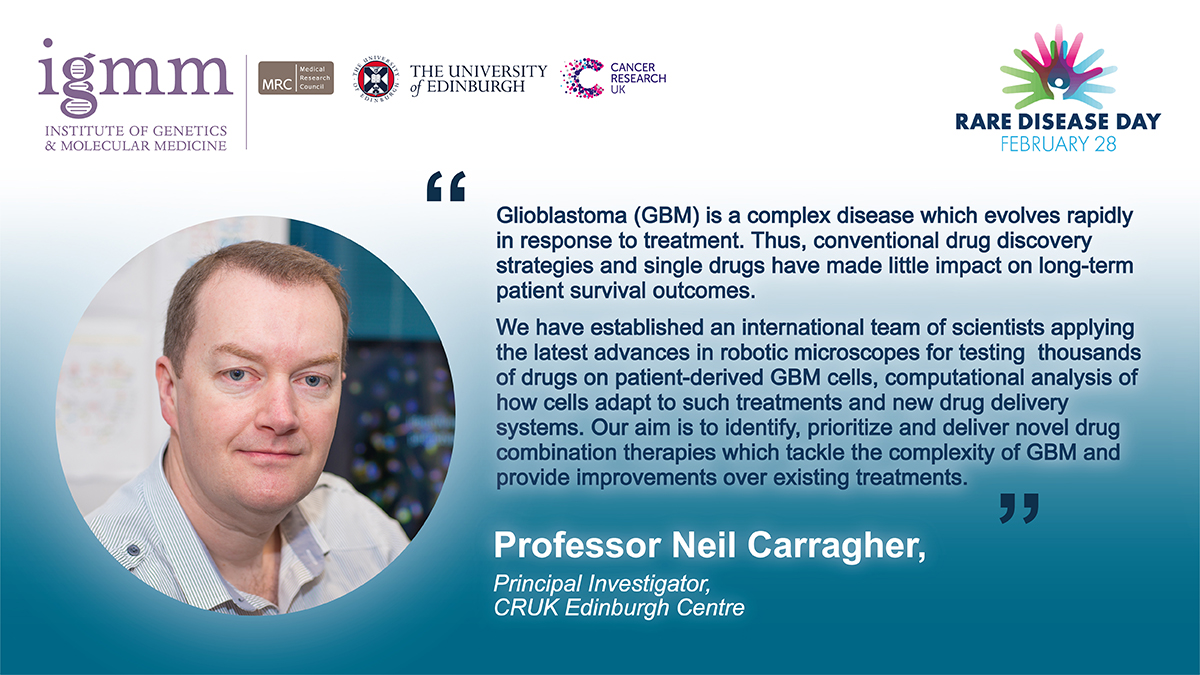 Prof Neil Carragher is leading a collaborative multi-disciplinary research programme of international experts to find new drug targets and new drug combinations to treat glioblastomas. Read more about this work, funded by <a href="/BrainTumourOrg/">The Brain Tumour Charity</a> :  thebraintumourcharity.org/brain-tumour-d… #RareDiseaseDay