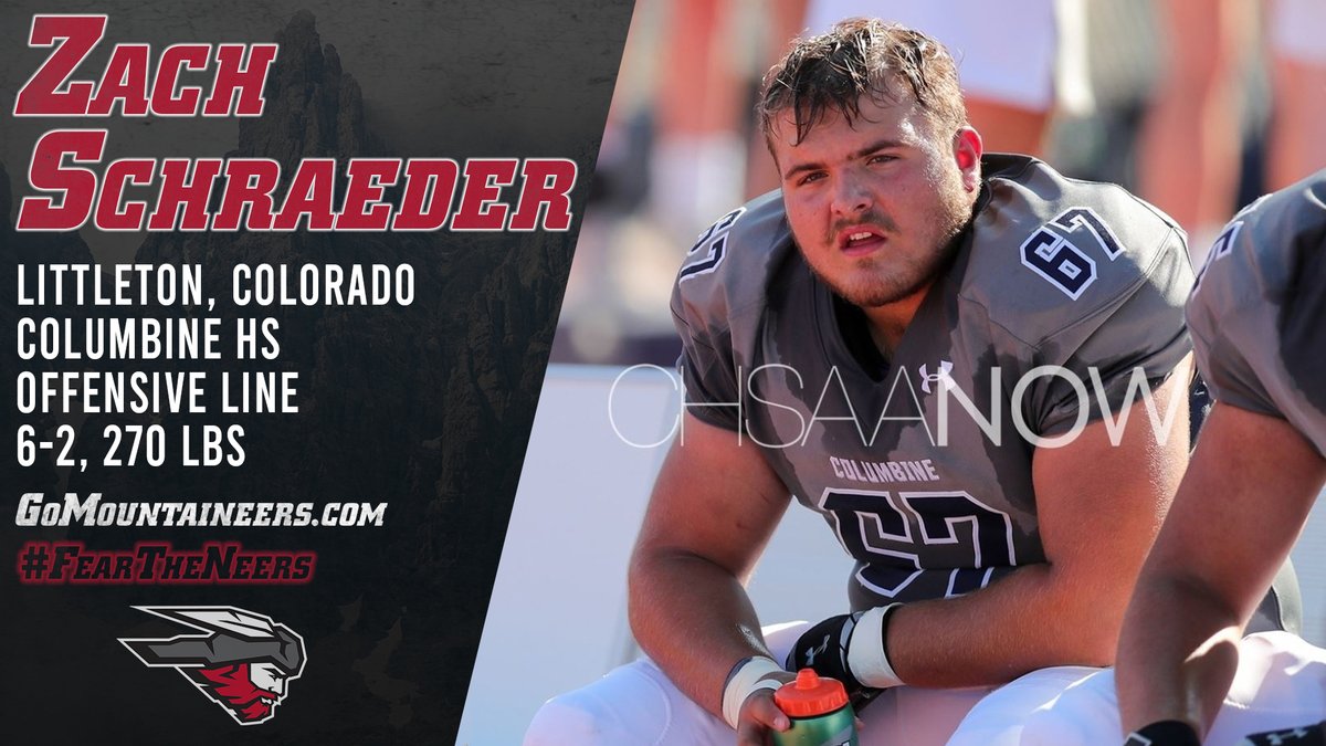 FB | <a href="/MountaineerFB/">Western Colorado Football</a> is excited to announce the signing of Zach Schraeder out of Littleton, Colorado. Schraeder averaged more than three pancake blocks per game for Columbine HS this past season.

Welcome to the Mountaineer Family! #FearTheNeers