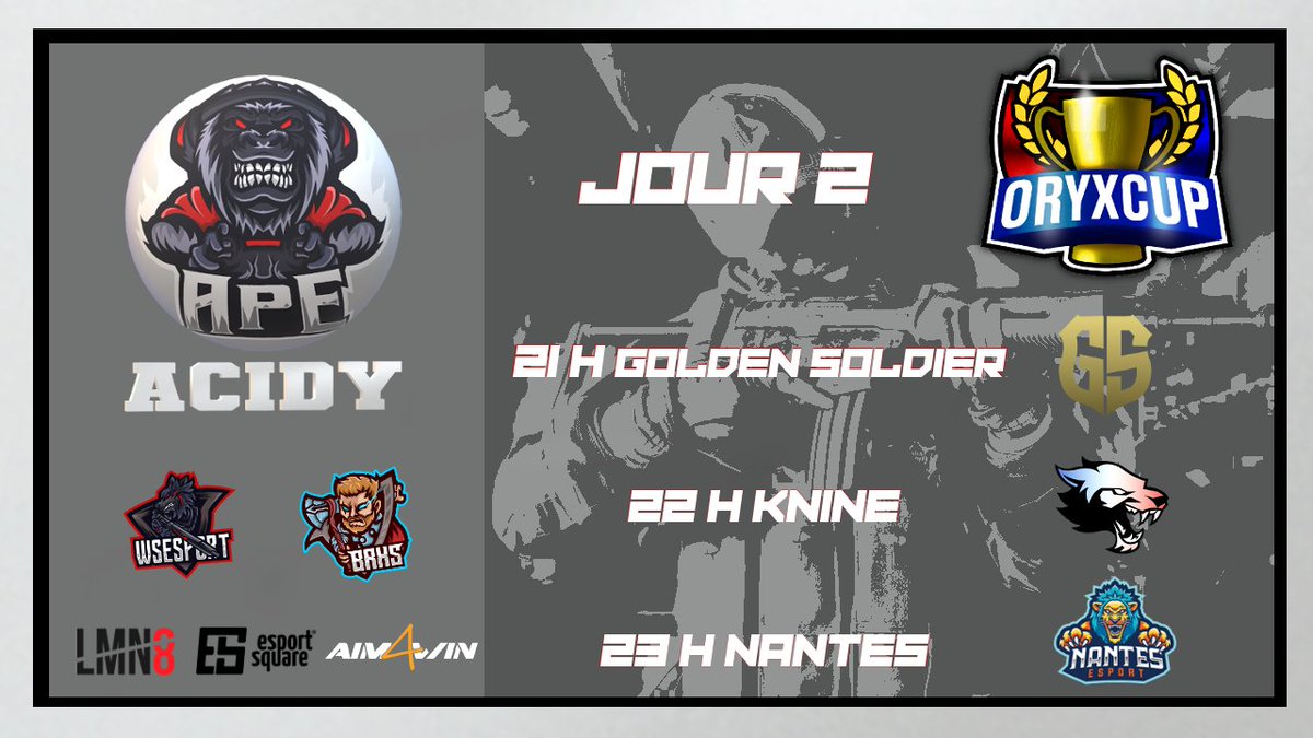 APEassociation's tweet photo. ⚔️Soir de match #esport #coldwar

🏆@CupOryx by @EsportOryxon 

🐒Gl @APE_Acidy 

🔥Bons matchs @GoldenSoldier_ @EvolvedKnine @NantesEsport 

🎙️Cast de l'évent @Ozary_Fr 
📊Organisé sur @esportsquare 
https://t.co/s3LYGk0Exp https://t.co/ciMXuwgLqR