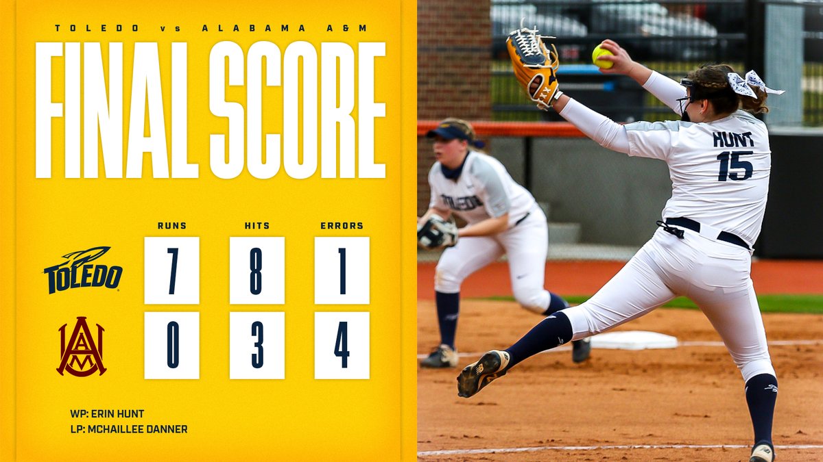 ToledoSoftball's tweet photo. GAME 1 RECAP:
✅Erin Hunt - 3-hit shutout 
✅Raelyn Nyren - 2-for-4, 2B, HR, 3 RBI
✅Dayna Denner - 2-for-4, 2B, HR, RBI
✅Aleah Marra - 1-of-3, HR, BB, RBI

Back in action vs. Pitt at 1:30 pm. #GoRockets🚀🥎. https://t.co/Ce5Z8mb40e