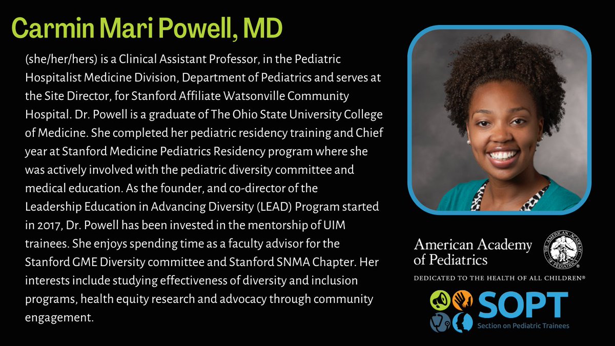 AAP Peds Trainees (@aapsopt) on Twitter photo As the founder and co-director of the Leadership Education in Advancing Diversity (LEAD) Program started in 2017, <a href="/carminmari/">Carmin Powell, MD</a> has been invested in the mentorship of UIM trainees.
#BlackHistoryMonth
#celebrateblackpediatricians
#LEADatStanfordMed
<a href="/stanfordpedsres/">Stanford Pediatrics Residency Program</a>
<a href="/StanfordChild/">Stanford Children's</a> As the founder and co-director of the Leadership Education in Advancing Diversity (LEAD) Program started in 2017, <a href="/carminmari/">Carmin Powell, MD</a> has been invested in the mentorship of UIM trainees.
#BlackHistoryMonth
#celebrateblackpediatricians
#LEADatStanfordMed
<a href="/stanfordpedsres/">Stanford Pediatrics Residency Program</a>
<a href="/StanfordChild/">Stanford Children's</a>