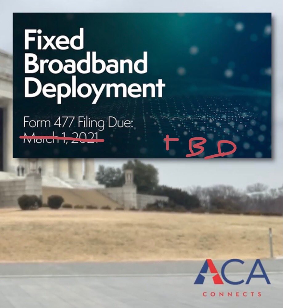 MatthewMPolka's tweet photo. Hey @ACAConnects Mbrs, hope you saw the news that the @FCC’s #Form477 filings have been #Delayed #Indefinitely while the filing system is updated. We will keep you posted! MMP #ACAConnects! https://t.co/1WnuMziSQ5