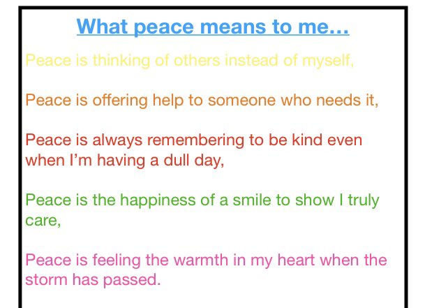 LaxtonJunior's tweet photo. In Year 3 we wanted to express the concept of peace through poetry this week and we found that writing poetry can be quite a peaceful activity! Here are some of our mindful poems. Peace is . . . #WeAreLJS #LJSRE #LJSYearThree #mindfulness #peace #care #community https://t.co/ENjmWyfeu5