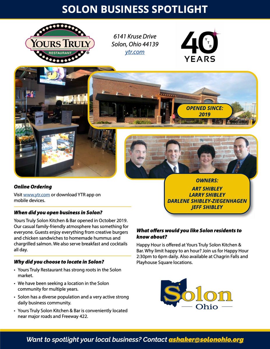 This week's business spotlight is on <a href="/yourstrulytweet/">Yours Truly Restaurants</a>. Their casual family-friendly atmosphere has something for everyone. Stop by for Happy Hour!
ytr.com