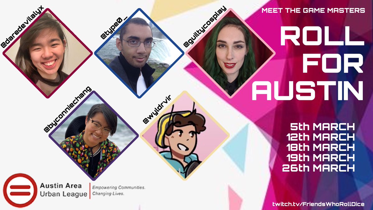 Let’s #RollForAustin!

With people suffering the aftermath of Winter Storm Uri, we want to do our part to help so we’ll be raising money for <a href="/AAULTX/">Austin Area Urban League</a> through March!

Here are the game masters!

<a href="/daredevilalyx/">ALYX | #BLM</a>
<a href="/Type0_/">Type-o</a>
<a href="/GuiltyCosplay/">Ahh! Guilty 💀</a>
<a href="/byConnieChang/">GM Connie Chang 🐸🌈</a>
<a href="/wyldrvir/">WorldofWyldrvir</a>

Cast incoming!
#TTRPG