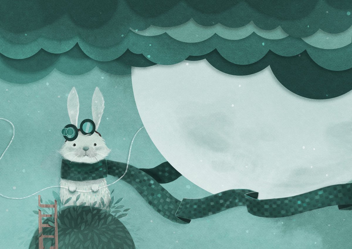 nadyabontenart's tweet photo. You may not be aware of the bunny that guards the moon. He works day and night to keep it in place. I thought to share this piece again, because this little dedicated fellow sure deserves some appreciation. 🥰#kidlitart #kidlit #kidslit #picturebookartist #picturebookart https://t.co/sPTMWy21eN
