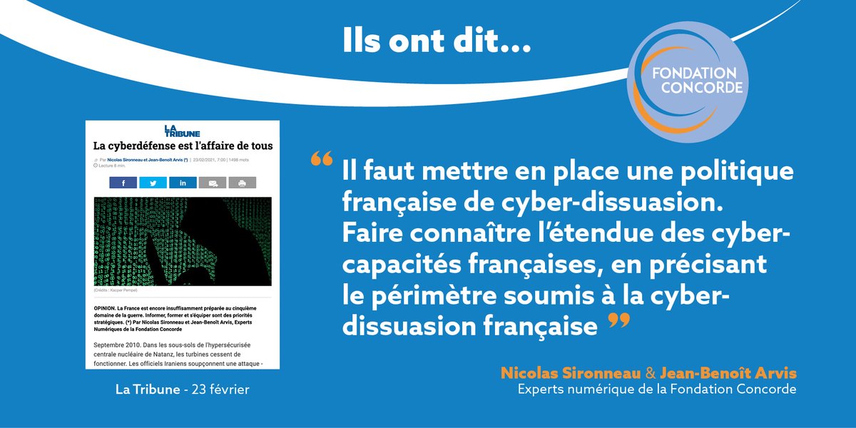 "La cyberdéfense est l'affaire de tous" : la publication de 
<a href="/NSironn/">NSironn</a> et Jean-Benoît Arvis dans <a href="/LaTribune/">La Tribune</a> 
  
latribune.fr/opinions/tribu…

#cybersecurite