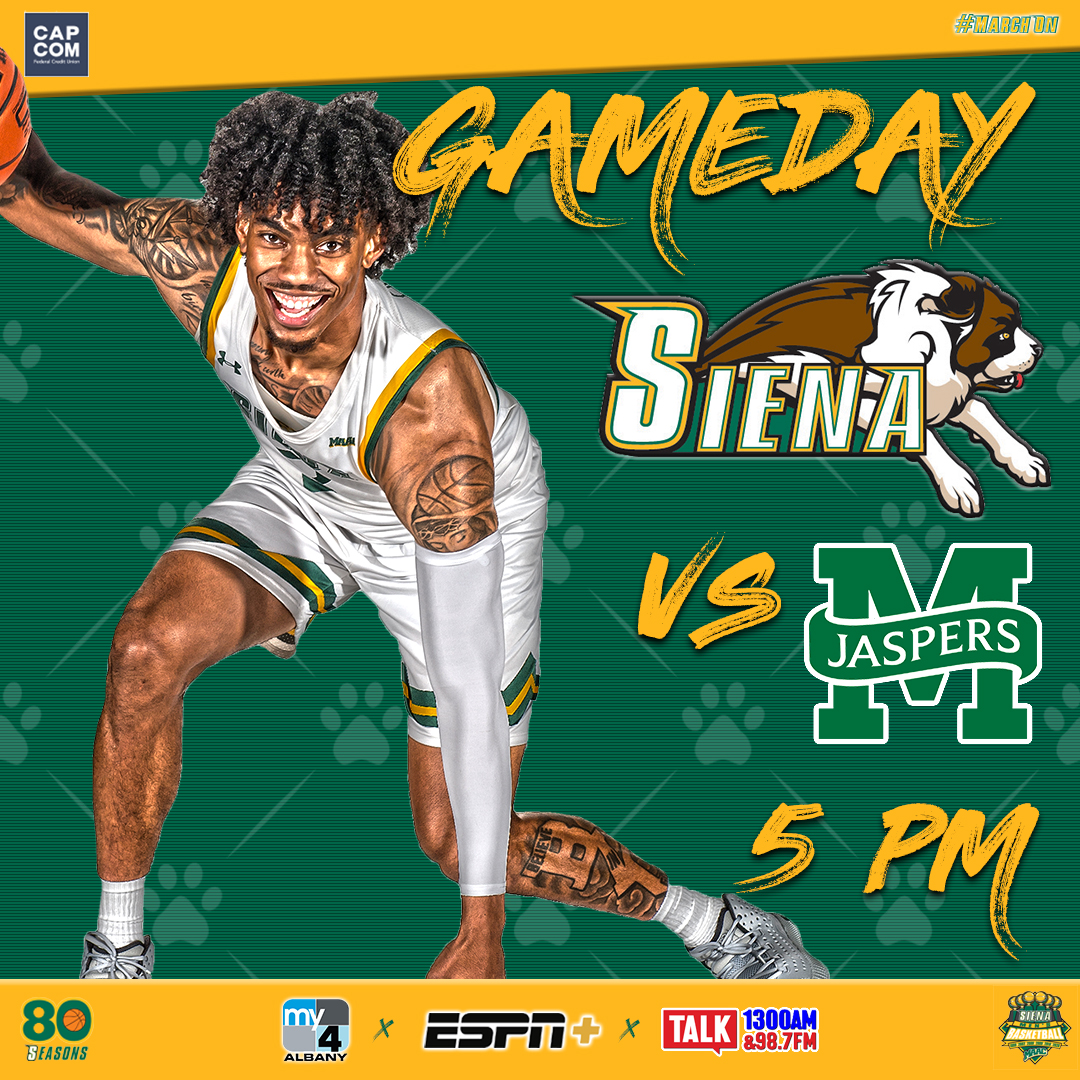 π #GAMEDAY CENTRAL
@SienaMBB π @JaspersMBB
β° 5β£PM
π Loudonville, NY
ποΈ UHY Center
πΊ @My4Albany
π» #ESPNPlus
π» @TALK1300
π https://t.co/4pt83gsbRE
π° https://t.co/32GFwldpIx
#MarchOn | #SienaSaints | #MAACHoops | #NCAAM | #Attack | #Finish | #EAT https://t.co/BtQHA1LZBn