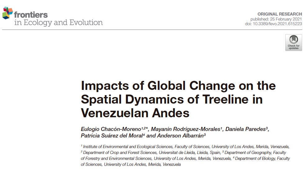 eulogiochacon's tweet photo. Con gusto y placer vamos saliendo con los encargos, aquí la publicación en @FrontEcolEvol sobre el impacto del cambio global en la dinámica del treeline en Los Andes venezolanos. Cuantificamos el avance del bosque por efecto del calentamiento global. https://t.co/uhjdWqUN1G https://t.co/WnlCxNeTSb