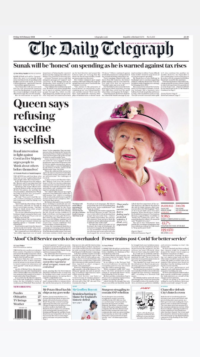 Lovely to see HM the Queen on the cover of <a href="/Telegraph/">The Telegraph</a> today. Coat by <a href="/Stewart_Parvin/">Stewart Parvin</a> and matching at by <a href="/RTMMillinery/">Rachel Trevor Morgan</a>