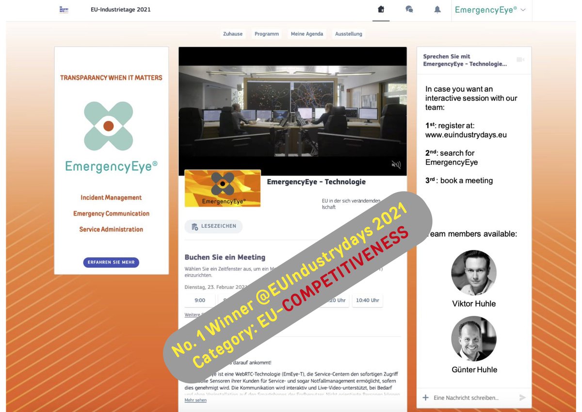 EmergencyEye's tweet photo. 1st Winner at #EUIndustrydays 2021
Category: EU-COMPETITIVENESS
#EmergencyEye by #corevas
Proud to be rewarded. More than 200 cutomers and partners at our booth. Happy to connect for future collaborations. Thank you to 
@EEN_Deutschland @ZENITGmbH @A_KaminskaSwiat https://t.co/5D3rHH9fkv