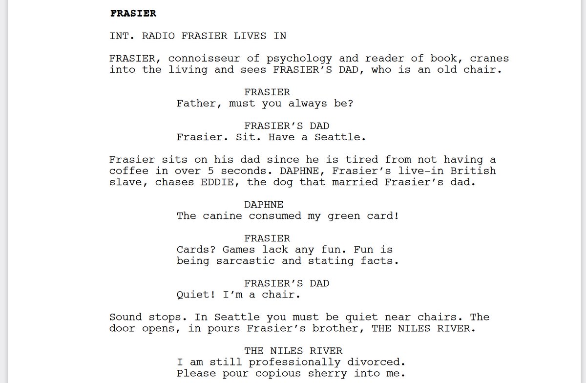 KeatonPatti's tweet photo. I forced a bot to watch over 1,000 hours of Frasier and then asked it to write an episode of Frasier of its own. Here is the first page. https://t.co/YqruCstsI9