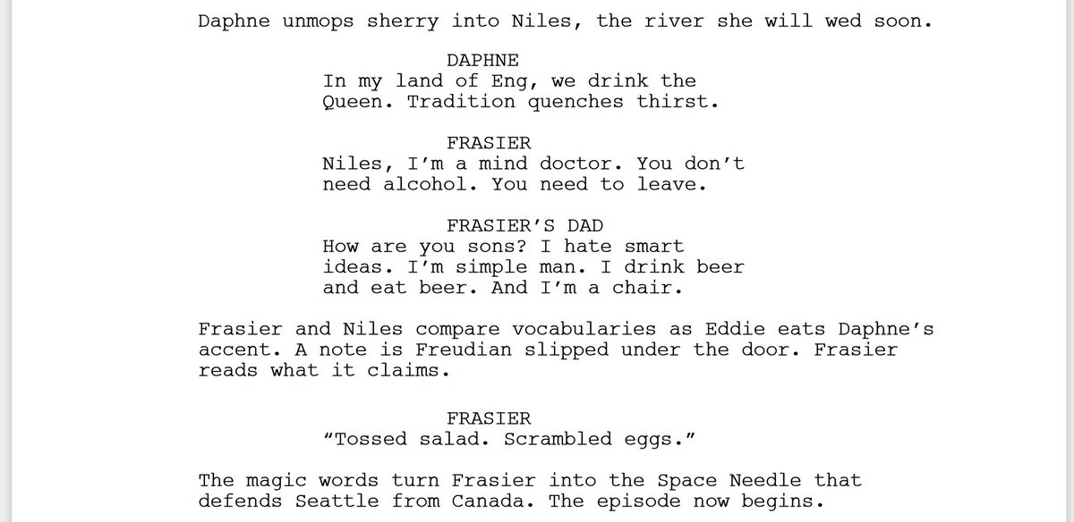 I forced a bot to watch over 1,000 hours of Frasier and then asked it to write an episode of Frasier of its own. Here is the first page.