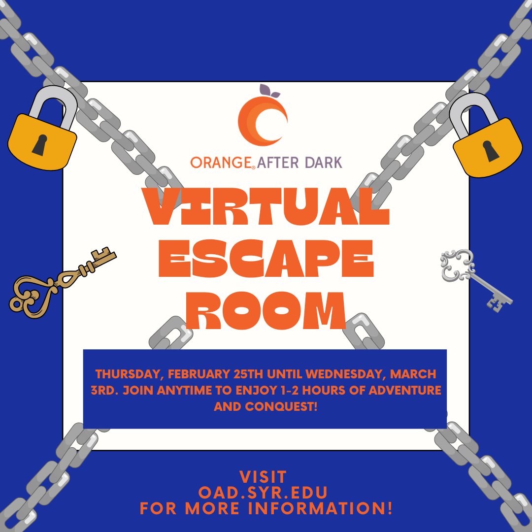 CuseActivities's tweet photo. Wont be able to make it to the in-person escape room? #OrangeAfterDark has got you covered. Join us this Friday at 10pm for our Virtual Escape Room event! Click the link in our bio or our website to access the event. More information can be found at https://t.co/DUwfMLLlh5.🔍🗝️🔒 https://t.co/S7hIehJiqe