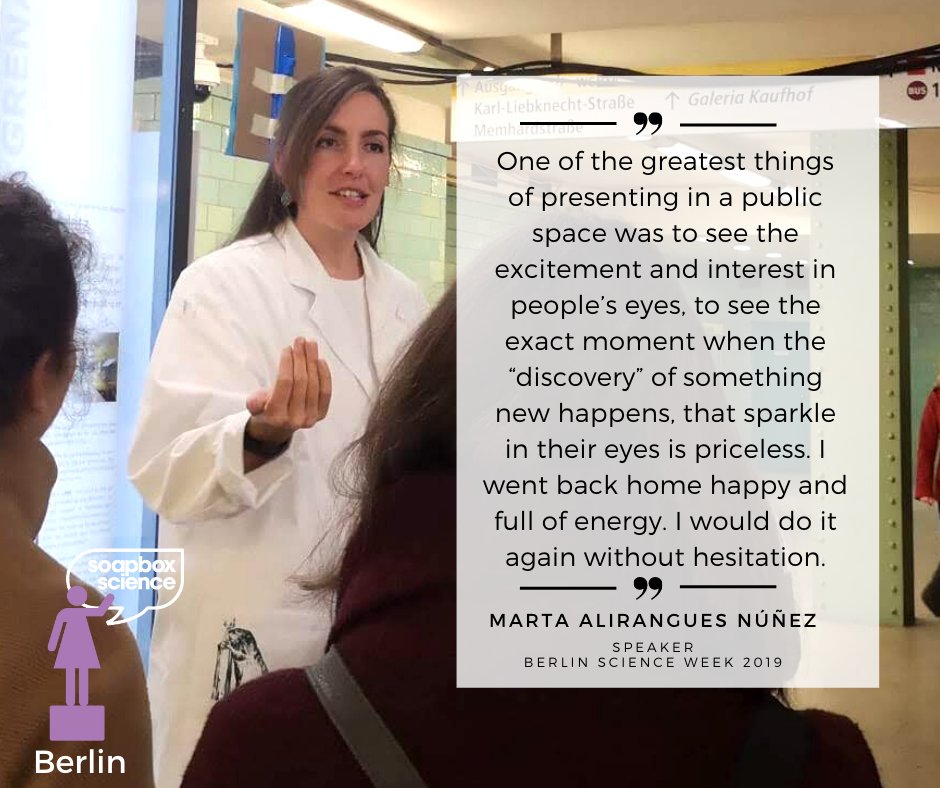 Happy Friday, everybody!

Today we want to share a quote from Marta about her past experience with speaking at a <a href="/SoapboxScience/">Soapbox Science</a> #Berlin event. Thank you, <a href="/tallaringues/">Marta Alirangues (she/her)</a>, it was amazing to have you !

#WomenInScience #WomenInSTEM #Soapboxscience #scicomm #wisskomm