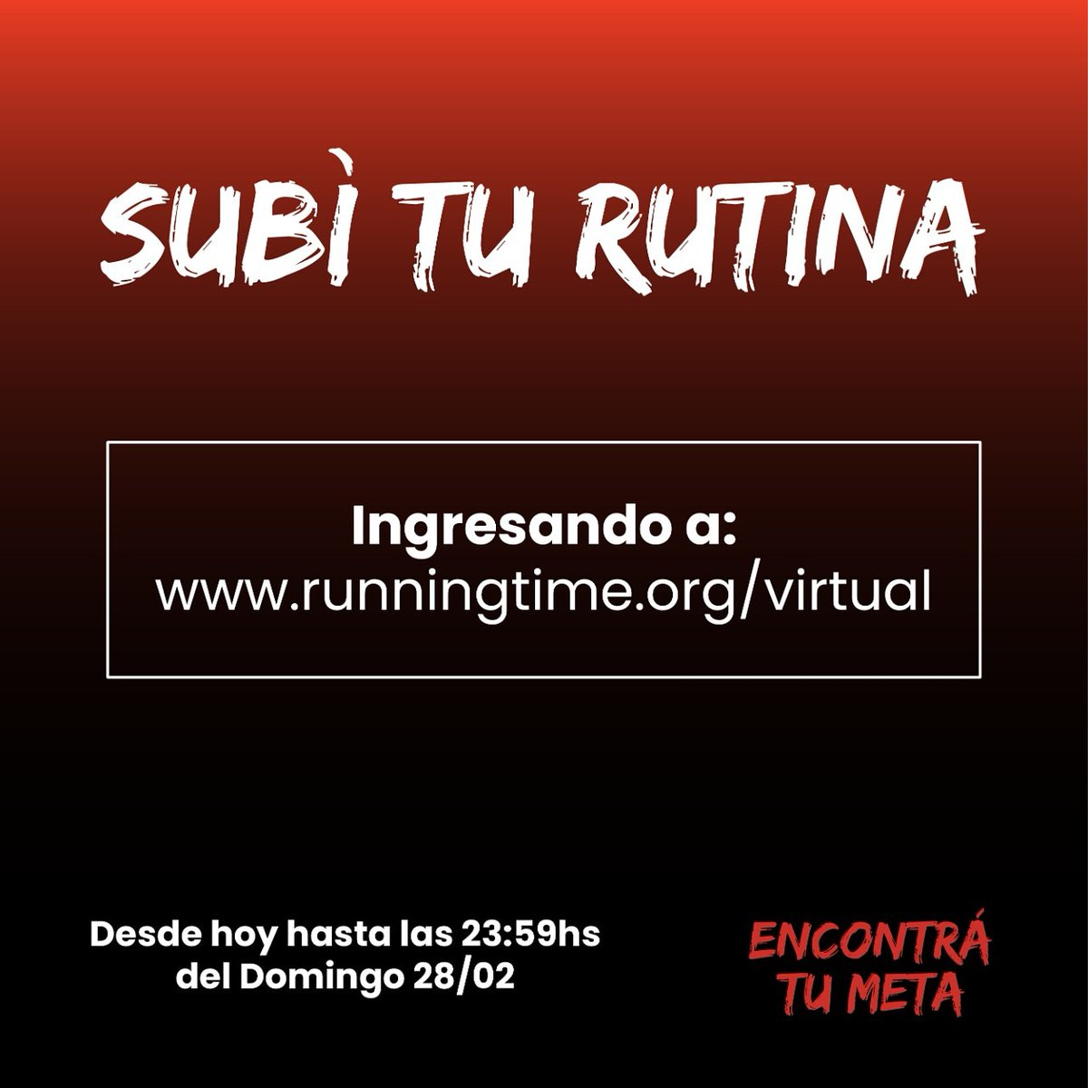 Desde hoy ya pueden participar en la modalidad virtual del #EncontráTuMeta 👌👌

Pueden controlar su carrera con cualquier app o reloj, y luego lo suben a la plataforma: runningtime.org/virtual