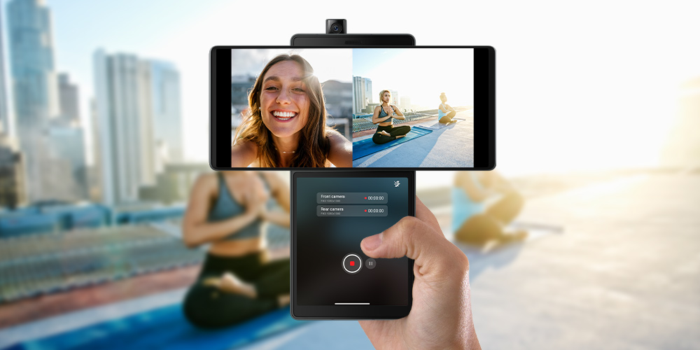 Find your perfect balance with the Dual-Video Recording feature on the #LGWING 5G that captures content from two perspectives at once.