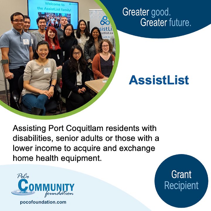 PoCoFoundation's tweet photo. #greatergood Community Grant recipient @assistlistca improve the quality of life for Port Coquitlam citizens in need of affordable home health equipment and support others who no longer need the home health equipment they own
#pococares https://t.co/wUPnB1Ui78