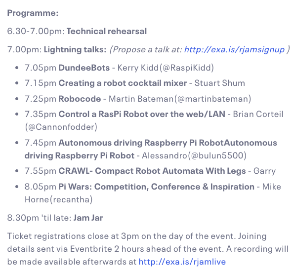 PrestonRJam's tweet image. Our next #RJam takes place on Mon 1st March, theme &apos;March of the robots&apos;. We invite you to join us for these great talks (all live streamed) and in our #JamJar afterwards if you fancy. You will need to register by 3pm on the day.  eventbrite.co.uk/e/rjam-march-o…