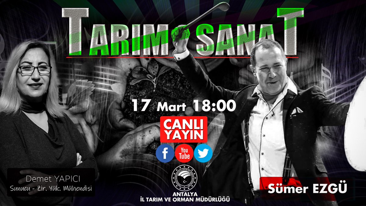 antalyailtarim's tweet photo. TARIM &amp; SANAT programımız 17 Mart #çarşamba günü ⏰ 18.00'da #Türkü bölümüyle sizlerle. Türk Halk Müziğinin güçlü ismi Sümer Ezgü ile birlikte #tarım  ve #sanat üzerine keyifli bir sohbet sizleri bekliyor kaçırmayın 🤗 @bekirpakdemirli @ersinyazici1 @gokhankaraca_ @sumerezgu https://t.co/5vBDaQ6P12