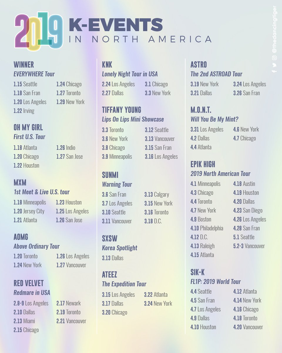 TheDancingTiger's tweet photo. Designed this graphic because I miss concerts... Can't believe all these events happened 2 years ago! 😭😭😭 I apologize if I missed some~ Lemme know which events you attended!
Sources: Pop Crush & Wikipedia
#koreanevents #kpop #kpopconcerts https://t.co/7LUaaNdjxl