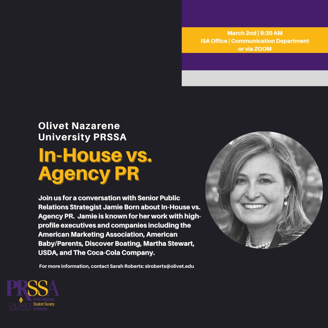 Interested in the differences between a career within an agency or within a company? Hear from Jamie Born, the owner of Born Public Relations and the former PR Director of the American Marketing Association on Tuesday 3/2 at 9:30 in the ISA office or via ZOOM. #OlivetPRSSA #PRSSA