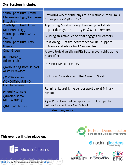 Know a Primary PE Colleague? Please let them know about this brilliant FREE online PE CPD event. Fabulous speakers, amazing sessions and all free! Please RT in all of your networks to support PE colleagues. Final booking details out Monday but in the meantime, save the dates!