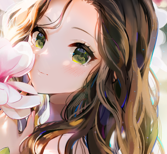 1girl solo green eyes brown hair flower long hair looking at viewer  illustration images