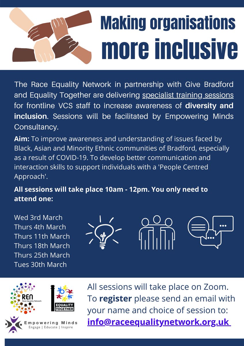 network_race's tweet photo. Have you registered for our free VCS #EqualityTraining sessions yet? 

Spaces are still available for the 3rd + 4th March sessions (next week) - see poster for more details and how to register.  

Share with VCS colleagues and friends - together we can #MakeOrganisationsInclusive https://t.co/puwt8vSckZ