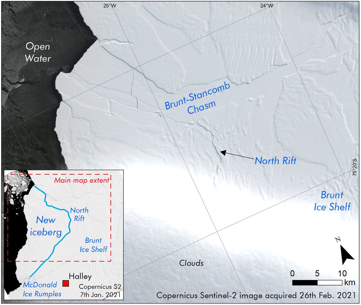 Laura Gerrish (@laura_gerrish) on Twitter photo First clear satellite image confirming the formation of new iceberg (TBC as A74) on the #BruntIceShelf. <a href="/CopernicusEU/">Copernicus EU</a> #Sentinel2 image from today, showing the rift clearly extending through to open water. <a href="/BAS_News/">British Antarctic Survey 🐧</a> @BBCAmos First clear satellite image confirming the formation of new iceberg (TBC as A74) on the #BruntIceShelf. <a href="/CopernicusEU/">Copernicus EU</a> #Sentinel2 image from today, showing the rift clearly extending through to open water. <a href="/BAS_News/">British Antarctic Survey 🐧</a> @BBCAmos