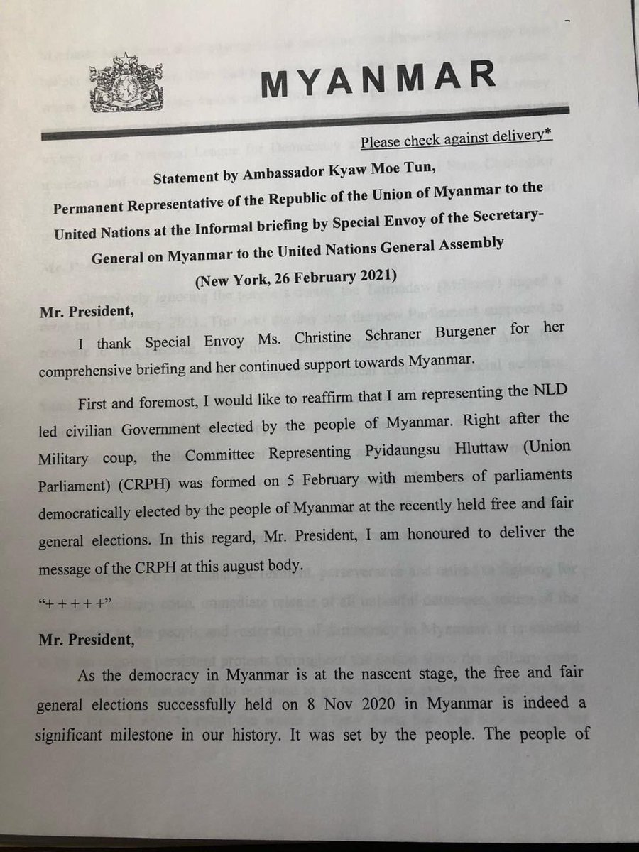 Myanmar_Now_Eng's tweet photo. At a United Nations meeting held in New York today, Myanmar's UN ambassador, Kyaw Moe Tun, condemned the Feb. 1 coup and called on the international community to use "any means necessary" to get the ruling military council to "return the state power to the people."

#Myanmarcoup https://t.co/yWUbvjrpY5