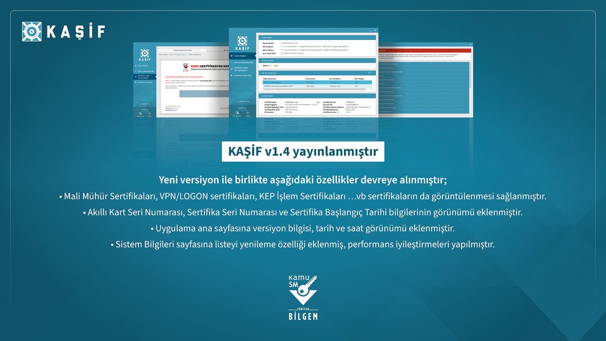 Güncel KAŞİF versiyonu yayınlanmıştır.
kasif.kamusm.gov.tr adresinden indirebilirsiniz.
#eimza #NES #malimühür #KamuSM #KamuSertifikasyonMerkezi