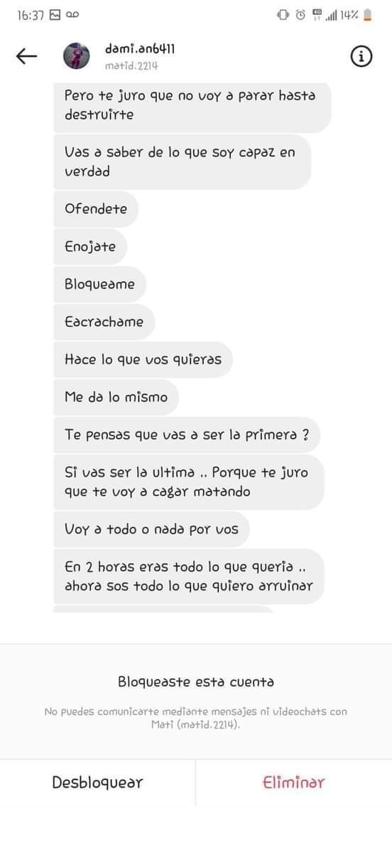 011Mar's tweet photo. Algunos mensajes del ex de Micaela amenazandola.
Es de Grand Bourg, se llama Matias Díaz.
Podrida de estos hijos de mil puta, el asco que me da que nos tengas como un simple número, que no les tiemble el pulso para decir que nos van a matar. https://t.co/eSf2JaBghT