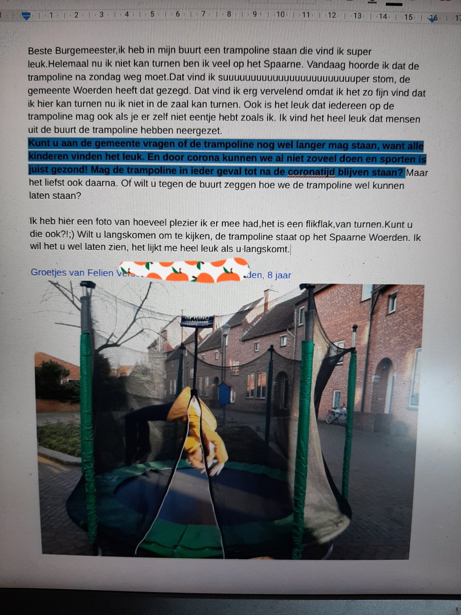 marjokev's tweet photo. De 8 jarige verzond net haar brief naar  burgemeester @vjhmolkenboer omdat de buurttrampoline na 2 jaar ineens weg moet. Mijn ambtenaren-hart snapt regels maar zoekt hier naar wat wel kan in deze rare tijd. @Indebuurt0348 @gemeentewoerden @ruudniewold https://t.co/xdL5VWpNmp