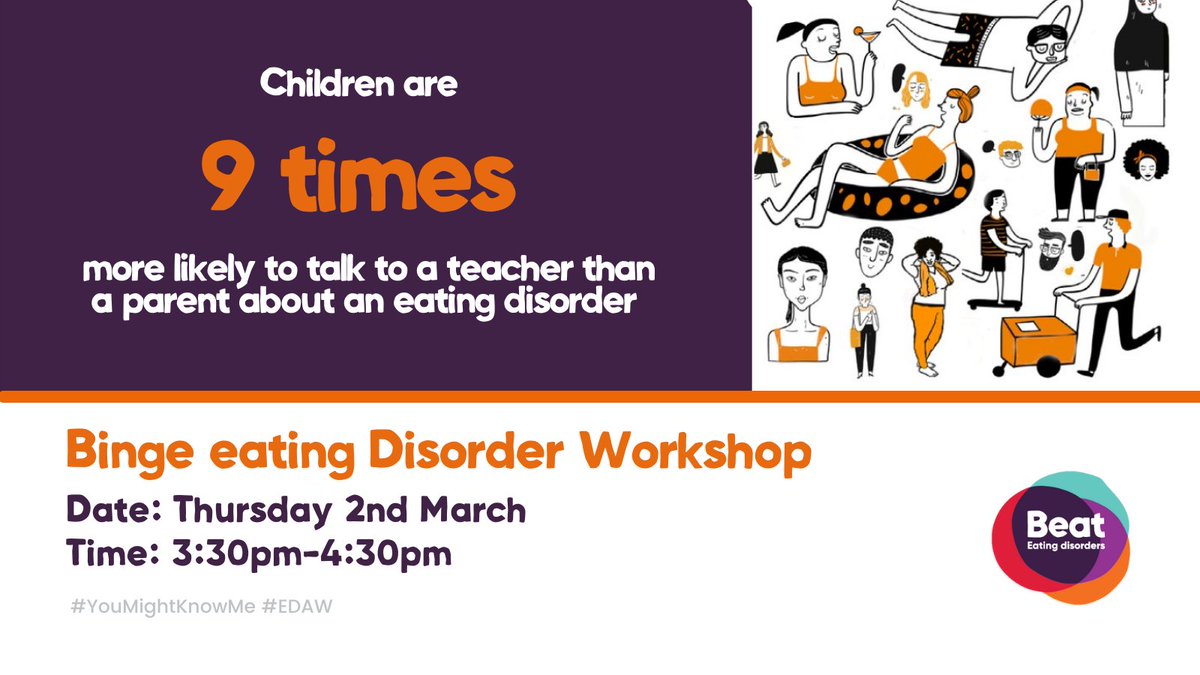 beatED's tweet photo. Students are 9 times more likely to speak to a teacher than a parent about an eating disorder. 
If you're a teacher or a youthworker, learn more about #BingeEatingDisorder at this session for #EDAW on Tuesday 2nd March at 3:30pm.
https://t.co/oohqxEPCQs https://t.co/v4kMm7gVwt