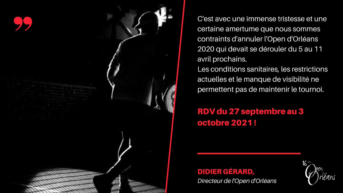 [ANNULATION]
Nous sommes dans l’obligation d’annuler l’Open d’Orléans qui aurait dû se dérouler du 5-11/04.Les conditions sanitaires, les restrictions actuelles &amp; le manque de visibilité ne permettent pas de maintenir le tournoi déjà décalé 5 fois en raison du Covid. RDV le 27/9!