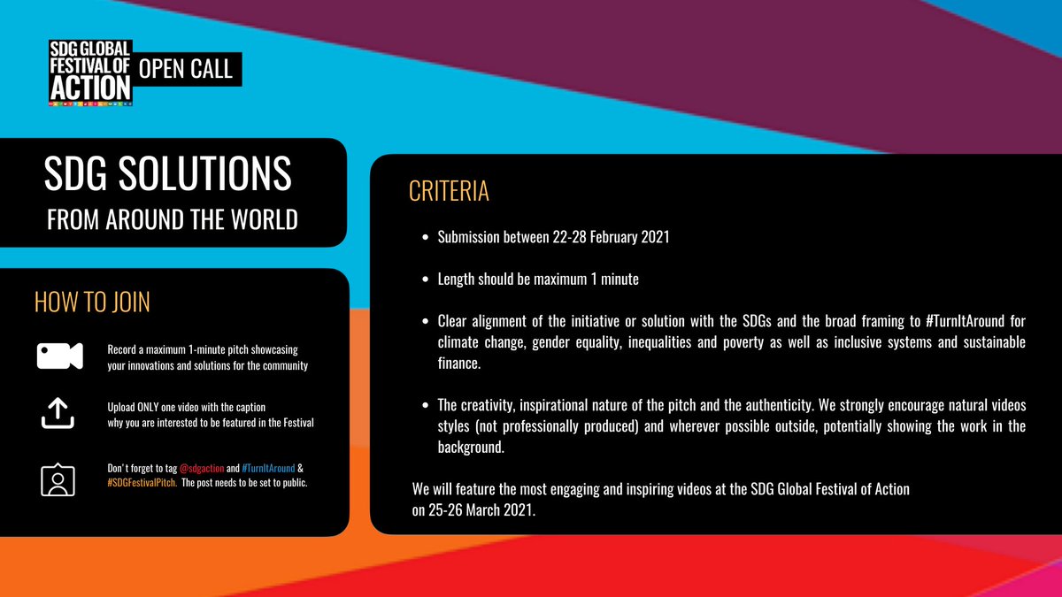impacthub's tweet photo. ✅ Upload your video on Twitter/Instagram by 28 February explaining in the caption why you are interested to be featured in the Festival.

✅ Don't forget to tag @sdgaction and include the hashtags #TurnItAround &amp; #SDGFestivalPitch in your posts! 
 
Check out the details 👇 https://t.co/wlo6rY6il1