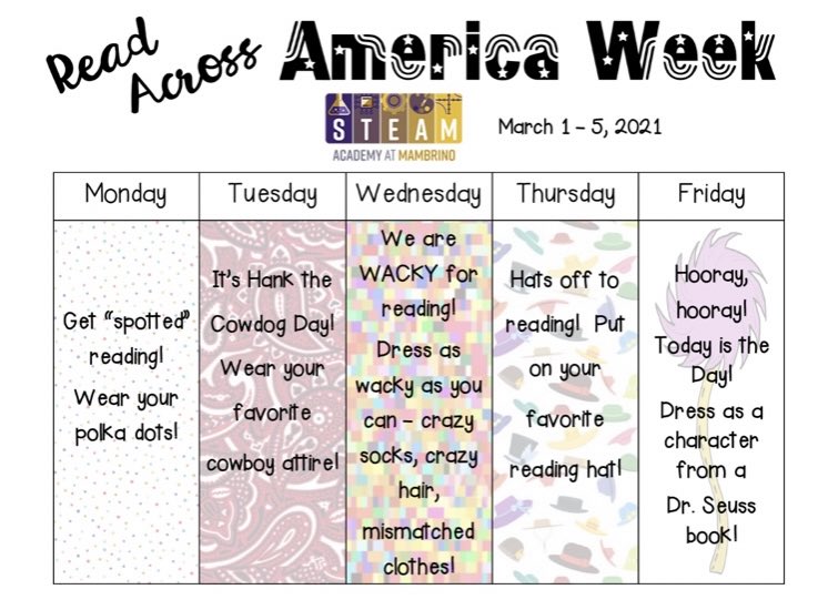 We hope you join us next week to help celebrate Read Across America Week! Here are the dress up days for the week. Can’t wait to see you Monday in your spots. <a href="/mambrinosteam/">STEAM Academy at Mambrino</a> <a href="/granburyisd/">Granbury ISD</a>