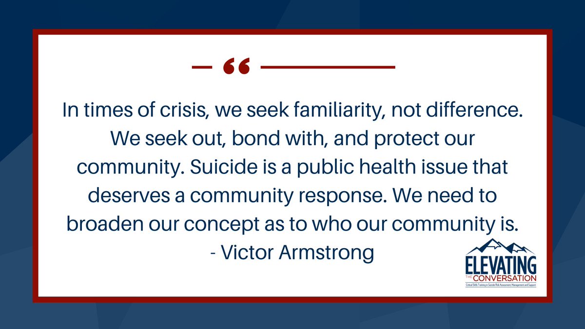 "In times of crisis, we seek familiarity, not difference. We seek out, bond with, and protect our #community. Suicide is a #publichealth issue that deserves a community response. We need to broaden our concept as to who our community is." <a href="/1of2vics/">Victor Armstrong, MSW</a> #ElevateTheConvo