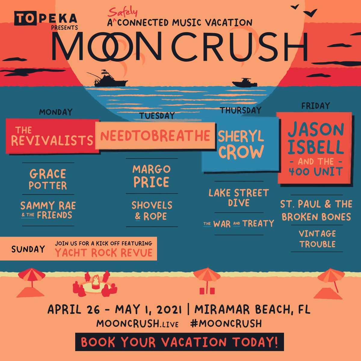 Just 2️⃣ months to go, Moon Crushers! Our safely connected music vacation will be here before you know it! Join us April 26 - May 1 in Miramar Beach with @JasonIsbell and The 400 Unit, @SherylCrow @therevivalists @NEEDTOBREATHE @lakestreetdive and more! ow.ly/3vuy50DBRPj