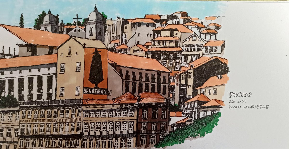 jshakart's tweet photo. Porto.Just down river from the mighty steel bridge, you can see Port wine houses: Calem, Cockburn, Taylor's, Sandeman, Graham's, Croft, and others, with their huge, imposing signs. Here is the Sandeman house. This week's #VirtualRibble . 11x5.5 inches, #fineliners and #ProMarkers https://t.co/yHaGR3qB7E