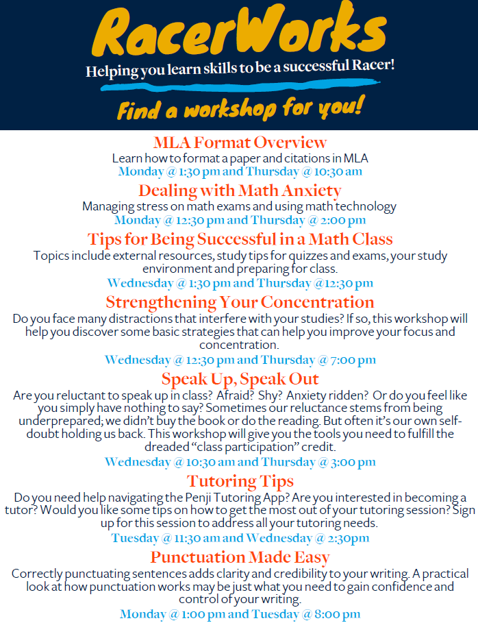 We have a new program! RacerWorks is series of free workshops available for all Murray State students. The goal of our workshops is to help students learn skills to become more successful Racers. Visit our website for more information:
murraystate.edu/headermenu/adm…