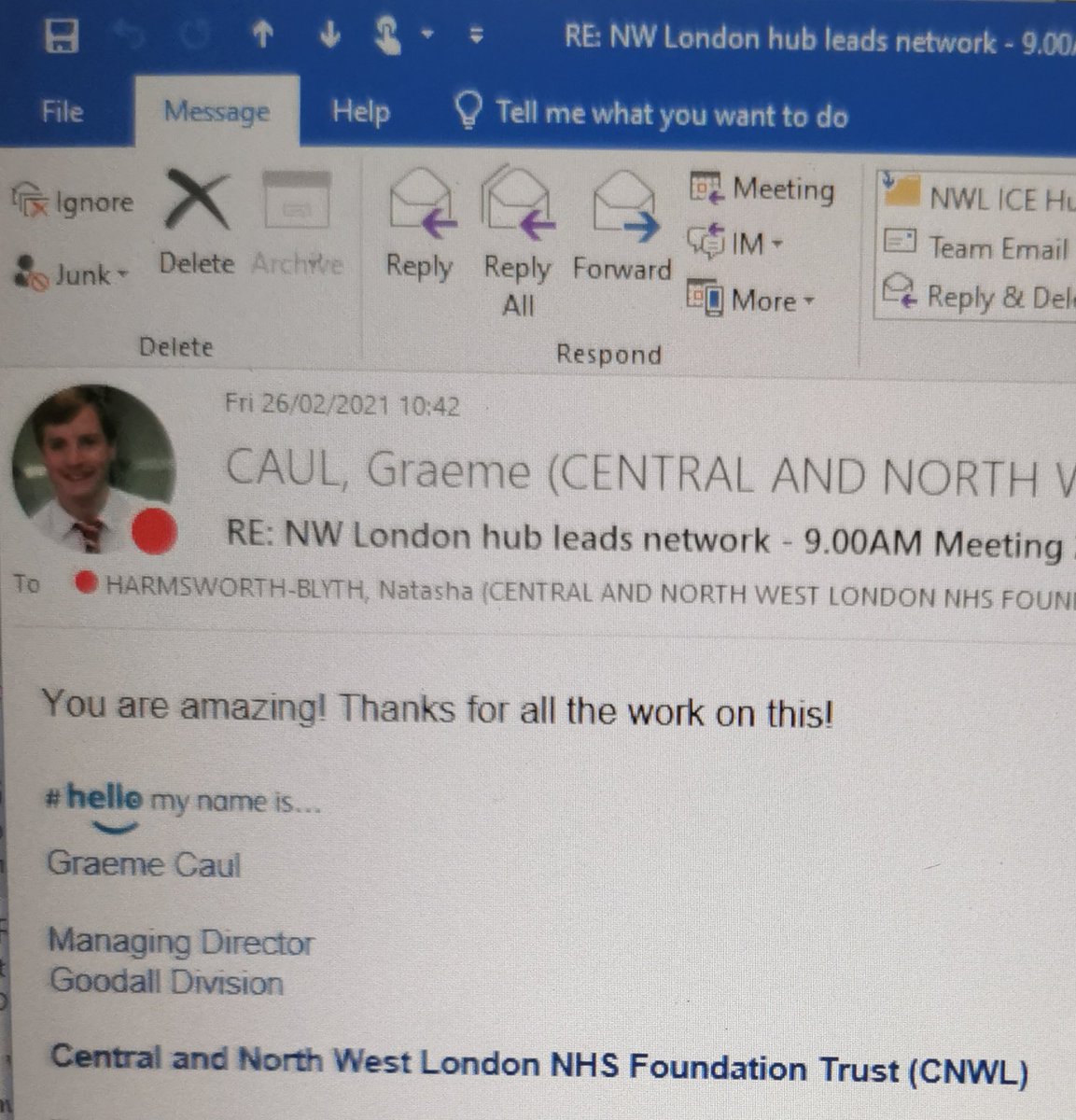 This was a lovely boost email I received from our Divisional Director Graeme <a href="/CNWLNHS/">CNWL NHS FT</a> Fab way to finish off another crazy week in #hospitaldischarges sometimes you need someone to tell you #youareamazing #recognition #appreciated #smallthingbutbigimpact #thankyou #CamdenIAS 💙😁