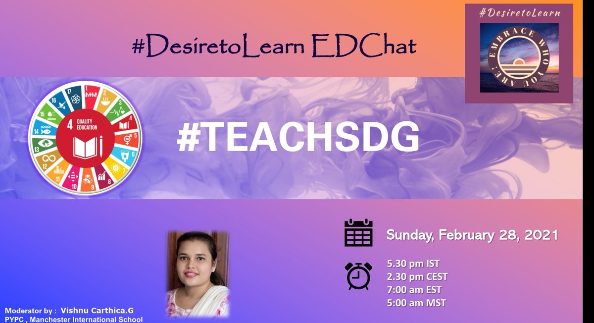 MathewBhavna's tweet photo. Join me and @Vishnu_Carthica for the #DesiretoLearn monthly chat 🤩

🗓 Sunday, February 28, 2021 
⏰ 5:30 pm IST , 7 am EST , 2:30 pm CEST, 5:00 am MST ( or join slow chat later at ur comfortable time)

We would love to collaborate &amp; read ur thoughts &amp;ideas #TeachSDG https://t.co/L8PX0VgI8V