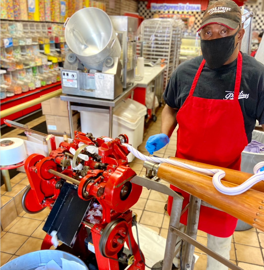 RiverStSweets's tweet image. Meet Darrin, one of our veteran candymakers, who has been with us for 20 whole years! He has since mastered the delicious art of taffymaking, and if you're lucky you'll find him pulling taffy before your eyes when you visit- what flavor would you like a sample of when you say hi?
