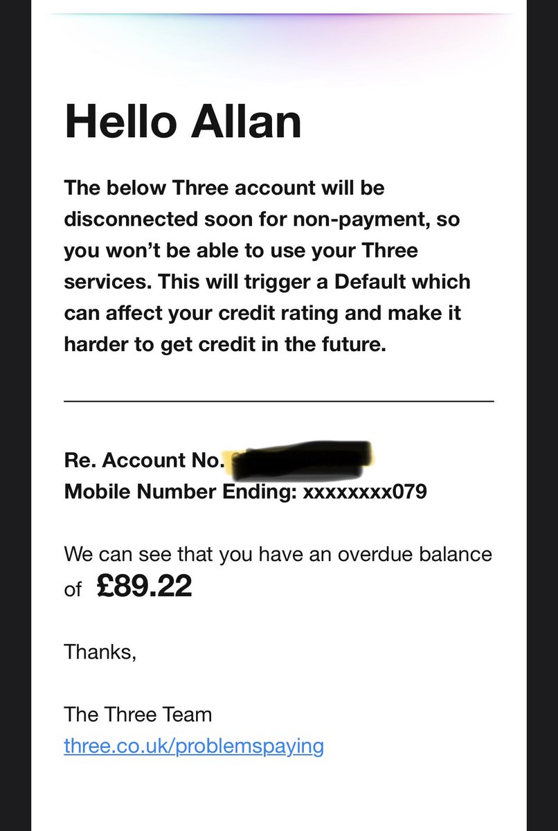 allanmufc's tweet photo. @ThreeUK I know! I told you I was having difficulty paying when my wife passed away last year, instead you passed it to a DCA. Do it, I don’t care! @Three_Is_Broken @Ofcom #mentalhealth #mensmentalhealth https://t.co/7nQF2bEAGT