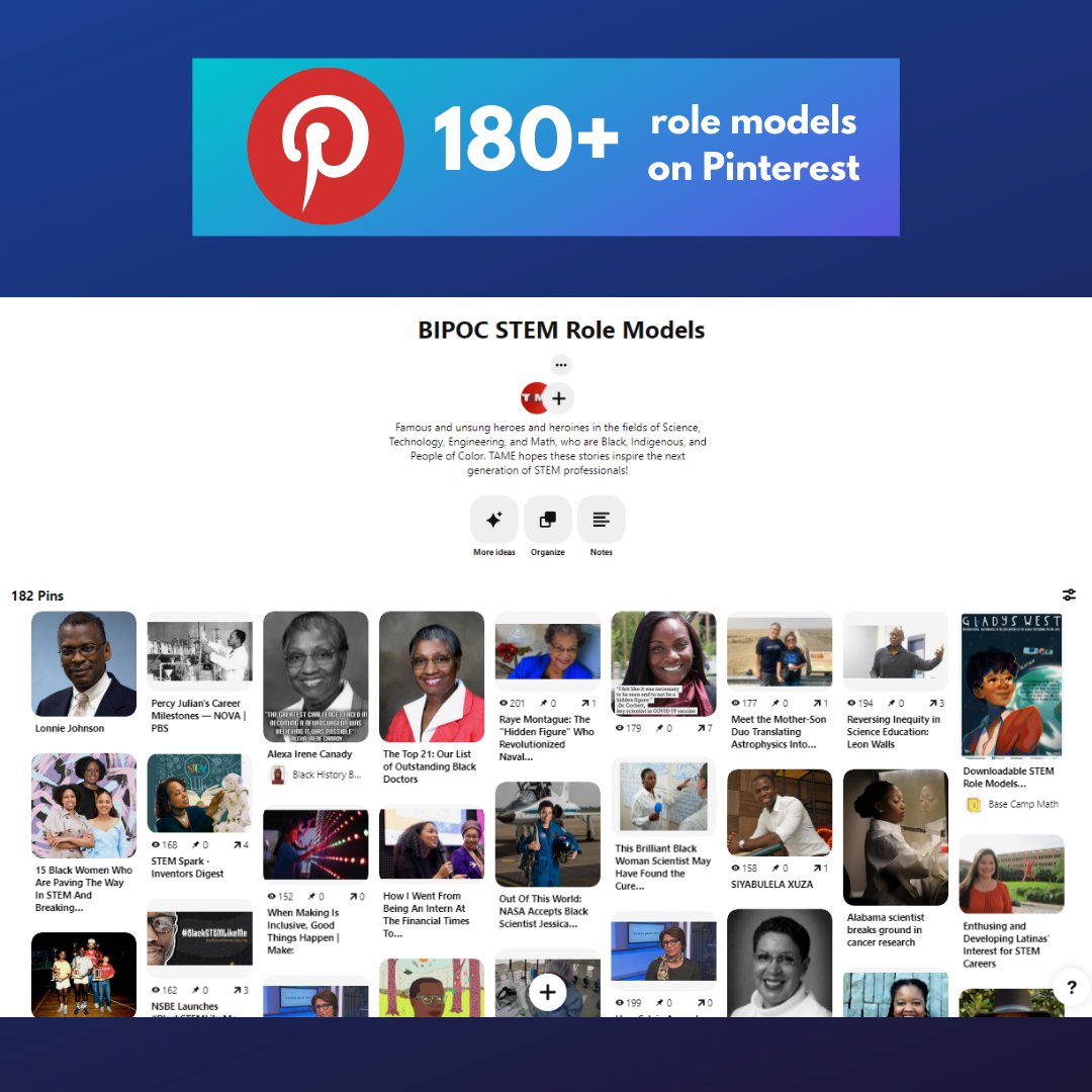 Though #BlackHistoryMonth is coming to a close, it is always a good time to share stories to inspire your students. If you can see it, you can be it!

Browse #STEMRoleModels like neuroscientists, astrophysicists, biologists, inventors, &amp; more: pinterest.com/tame_stem/bipo…