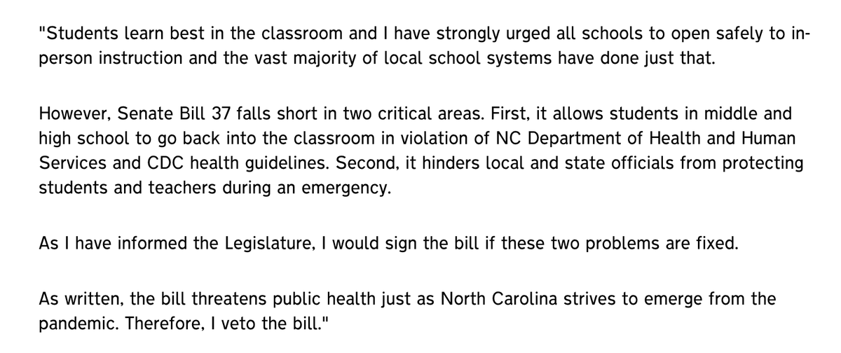 NC_Governor's tweet photo. Gov. Cooper's statement on vetoing Senate Bill 37: https://t.co/zSPosU27IN